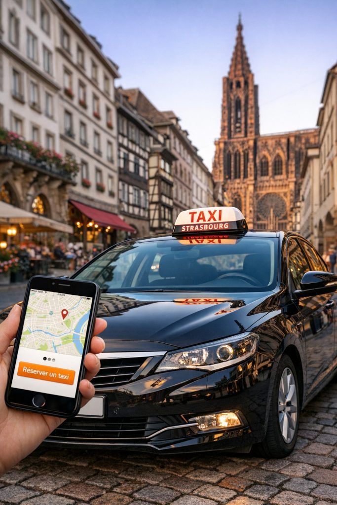 Client consultant un itinéraire sur son téléphone devant un taxi à Strasbourg