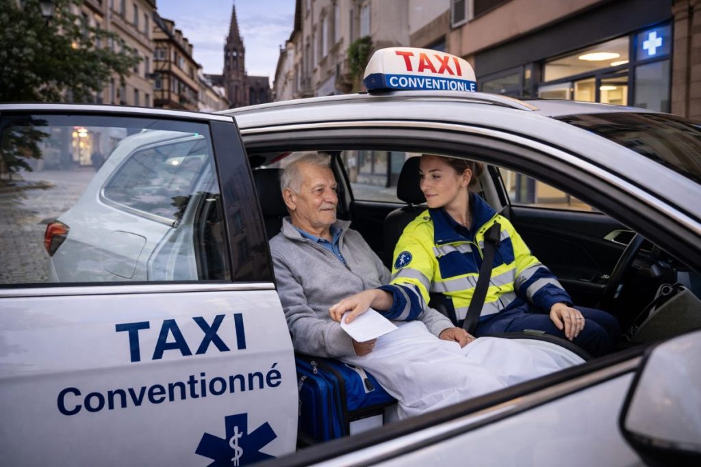 Chauffeuse de taxi conventionné aidant un patient âgé à s’installer pour un transport médical